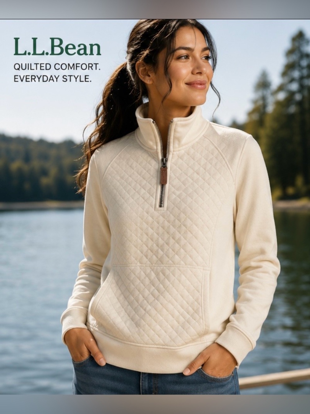 L.L.Bean Quilted Quarter Zip Pullover Sweatshirt Ivory Cream Large L Cozy Fleece